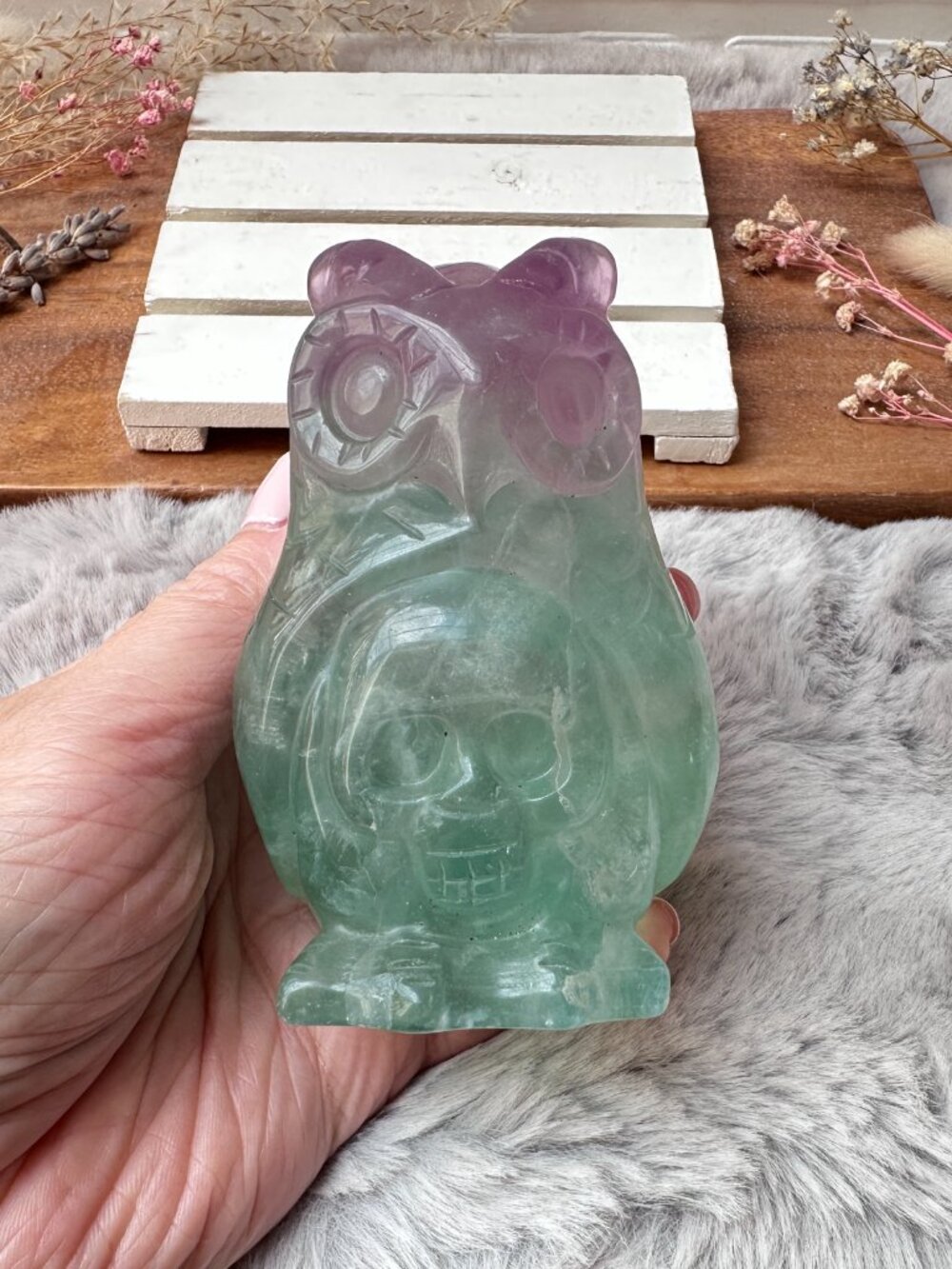 Beautiful Fluorite Owl with Skull Carving